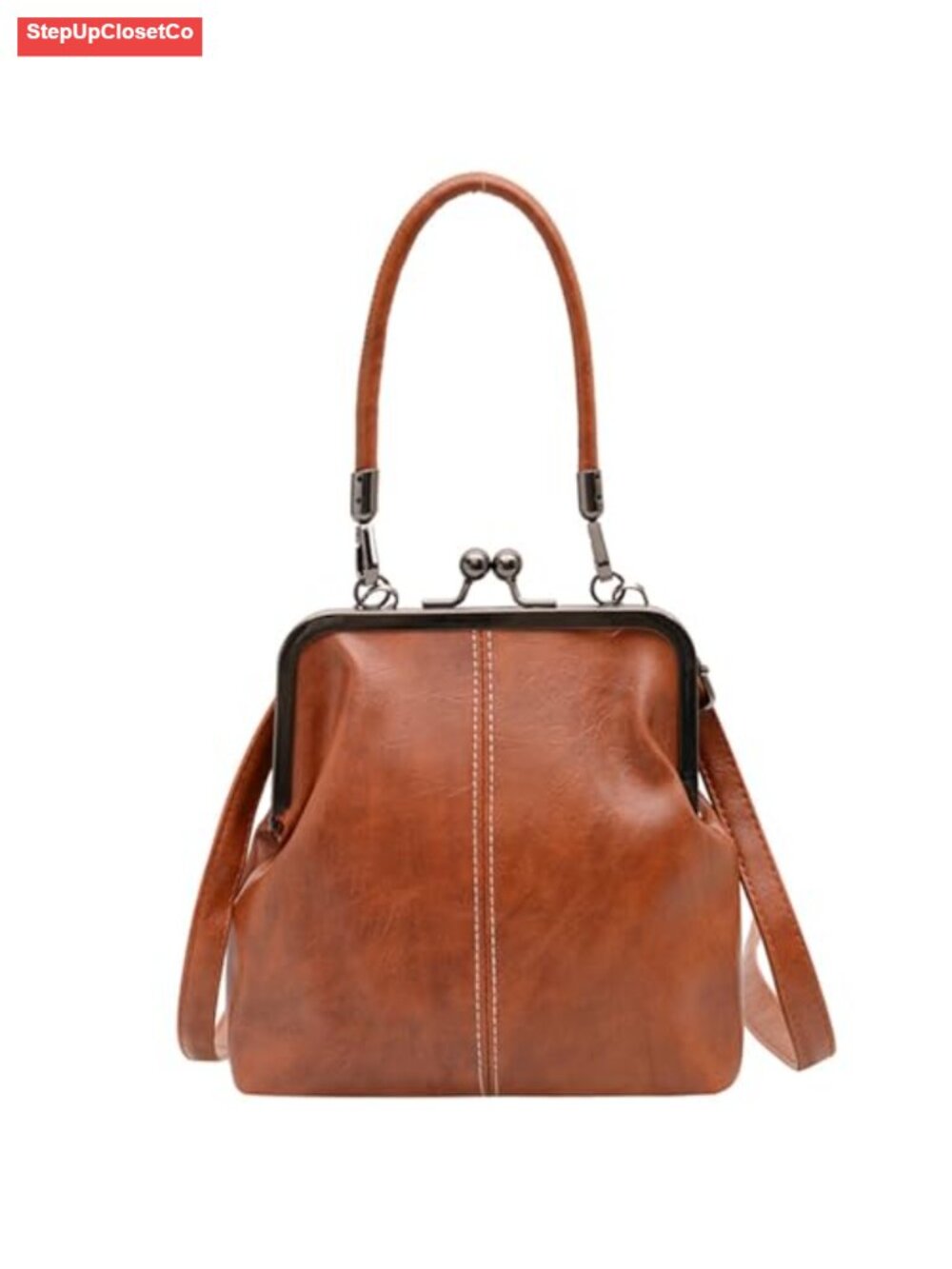 Retro Kiss Lock Crossbody Bag PU Leather Tote Handbag